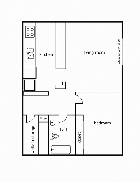 Floor plan for 1 bed, 1 bath, 698 sqft